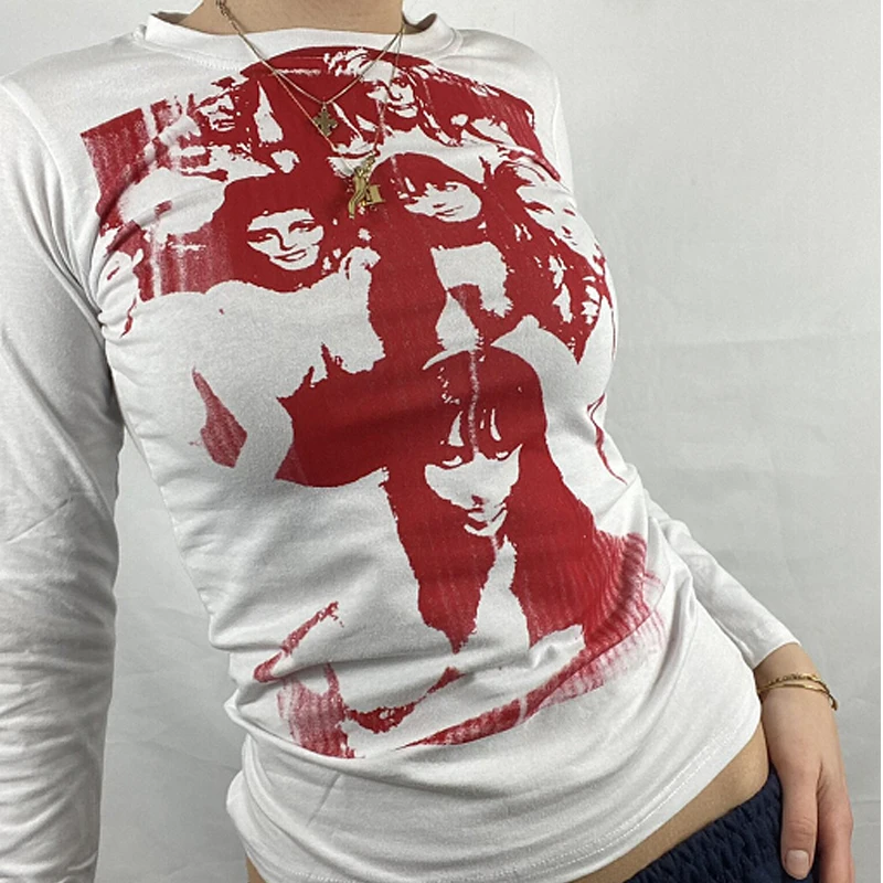 

Women Y2K Aesthetic Funny Portrait Graphic Print T-shirt Summer 90s Vintage Long Sleeve Crop Top Slim Fit Tee Tops Streetwear