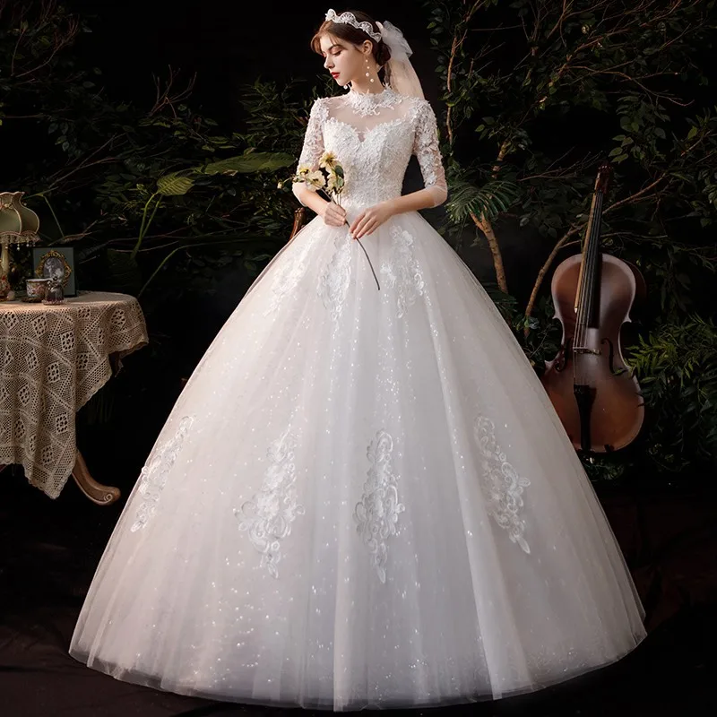 

Wedding Dress 2020 Noble Three Quarter Sleeve Bridal Dress Elegant High Neck Ball Gown Princess Vestido De Noiva Plus Customize