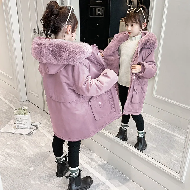 

2021 New Children Winter Clothes Kids Thick Warm Parka Girls Plus Velvet Outerwear Teenage Hooded Coat Wadded Jacket 10 11 12 13