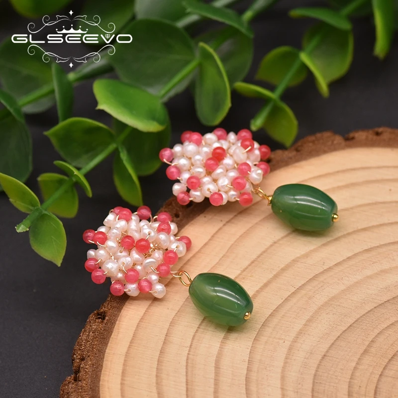 GLSEEVO зеленый агат цветок Модные Висячие серьги для женщин Свадебные подарки