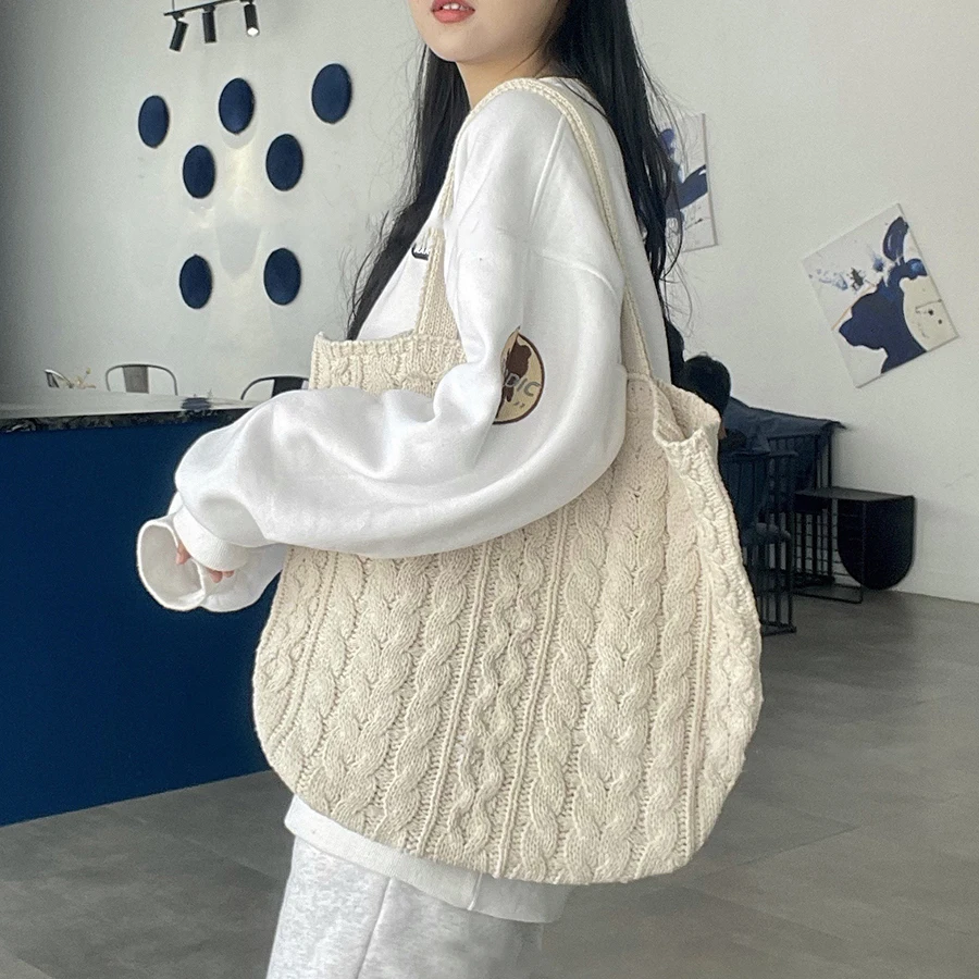 

Fashion Wool Knitting Handbag Solid Color Women Shoulder Bag Autumn Soft Large Capacity Women'S Handbags Casual Shopping Bag