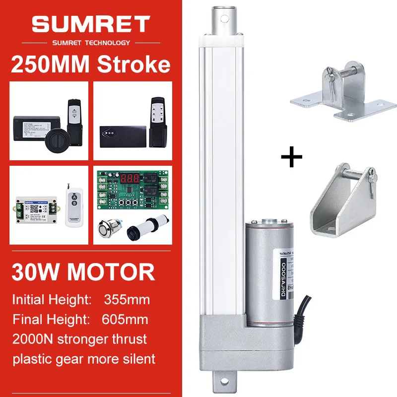 

250mm Stroke Linear Actuator Kit Remote Control Switch Bracket Low Noise DC 12V 24V Motor Fmax 2000N Vmax 40MM/S Waterproof