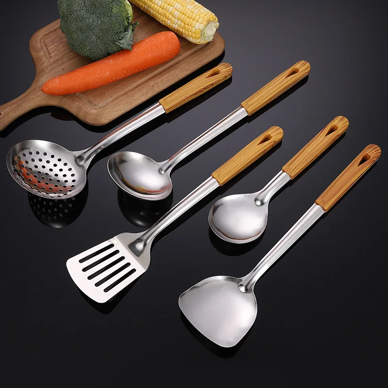 

Stainless Steel Cooking Utensils with Wooden Handle Spatula Rice Soup Spoon Frying Shovel Colander Cookware Kitchen Tools