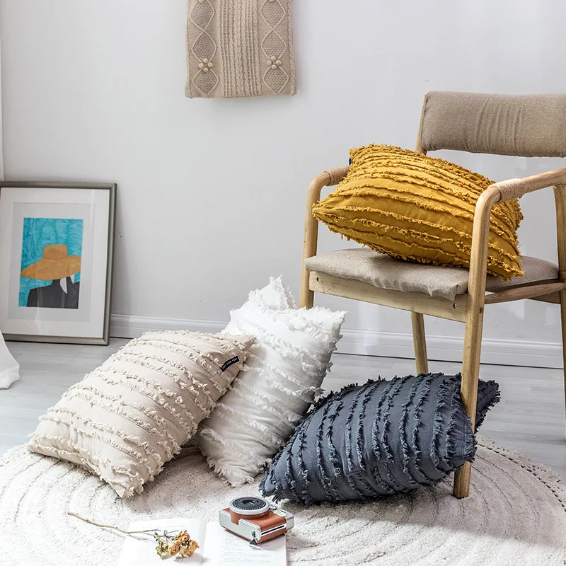 

White Cushion Cover Floral Tassels Square Pillow case Yellow Ivory Grey Cotton Pillow Cover 45x45cm Home Decoration Sofa