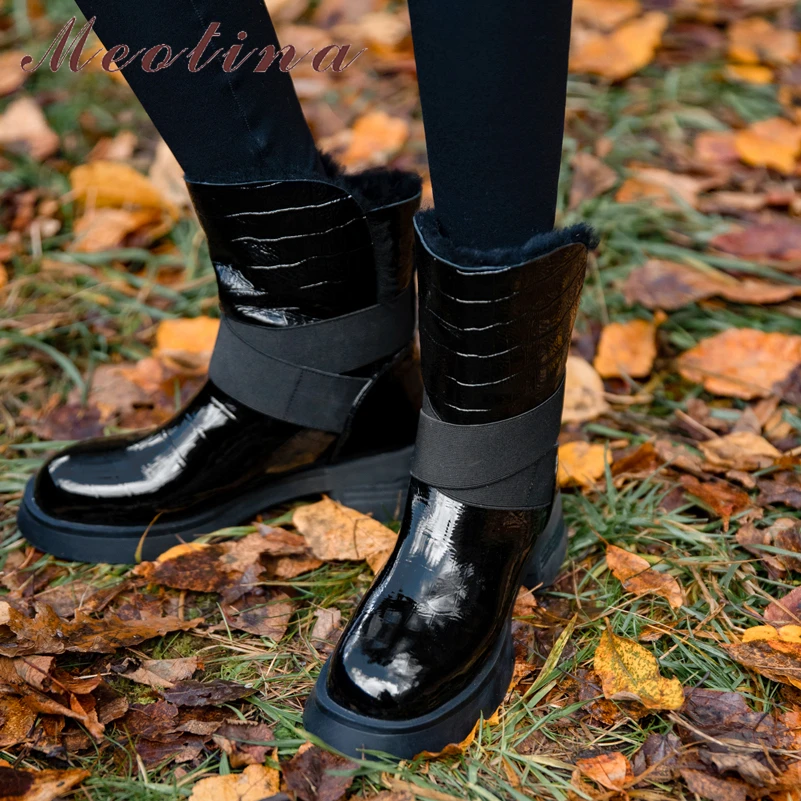 

Meotina Women Shoes Genuine Leather Wool Snow Boots Warm Platform Thick Med Heel Ladies Boots Round Toe Ankle Boots Winter Black