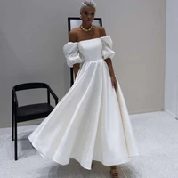 eightree vestido de noiva curto white simple satin wedding dress short puff sleeve bridal dresses 2021 cheap wedding gowns