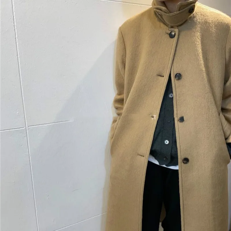 

Women Autumn Winter Camel Long Wool Coat Long Sleeve Jacket Turn-down Collar Pocket Woolen Overcoat Loose Outwear