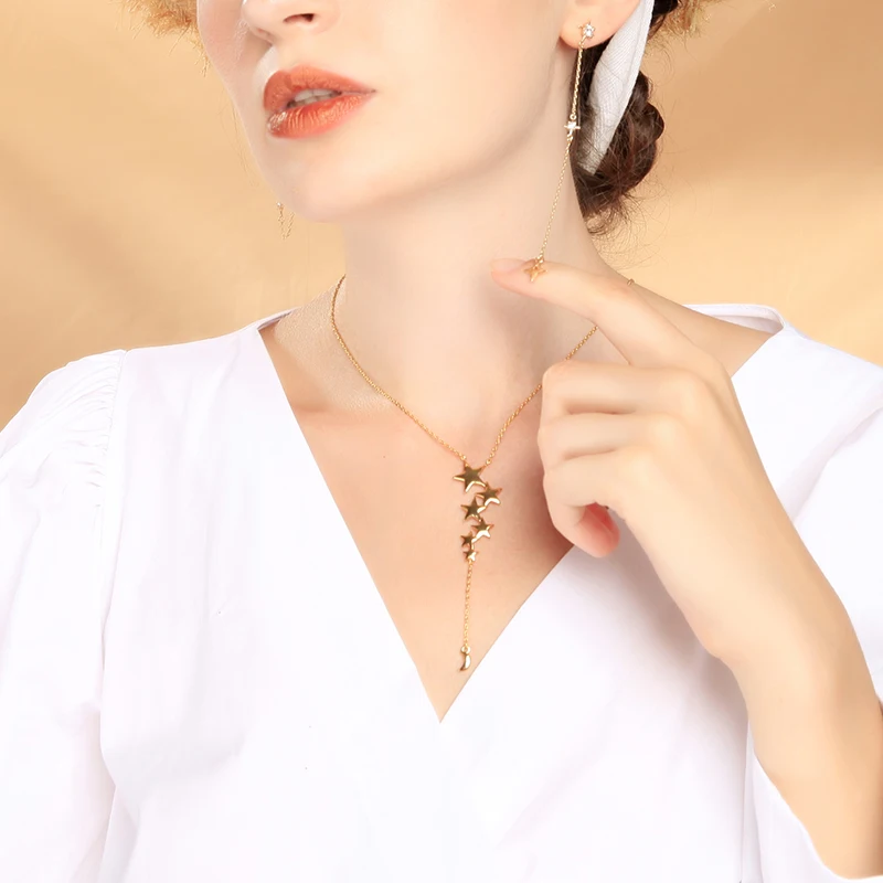 BALANBIU уникальные золотистого цвета латунь Звезды Луна длинное ожерелье с