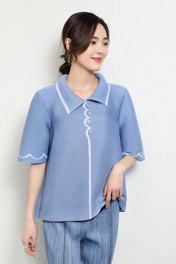 

HOT SELLING Miyake fold half sleeve T-shirt TURN-DOWN COLLAR button T-shirt IN STOCK