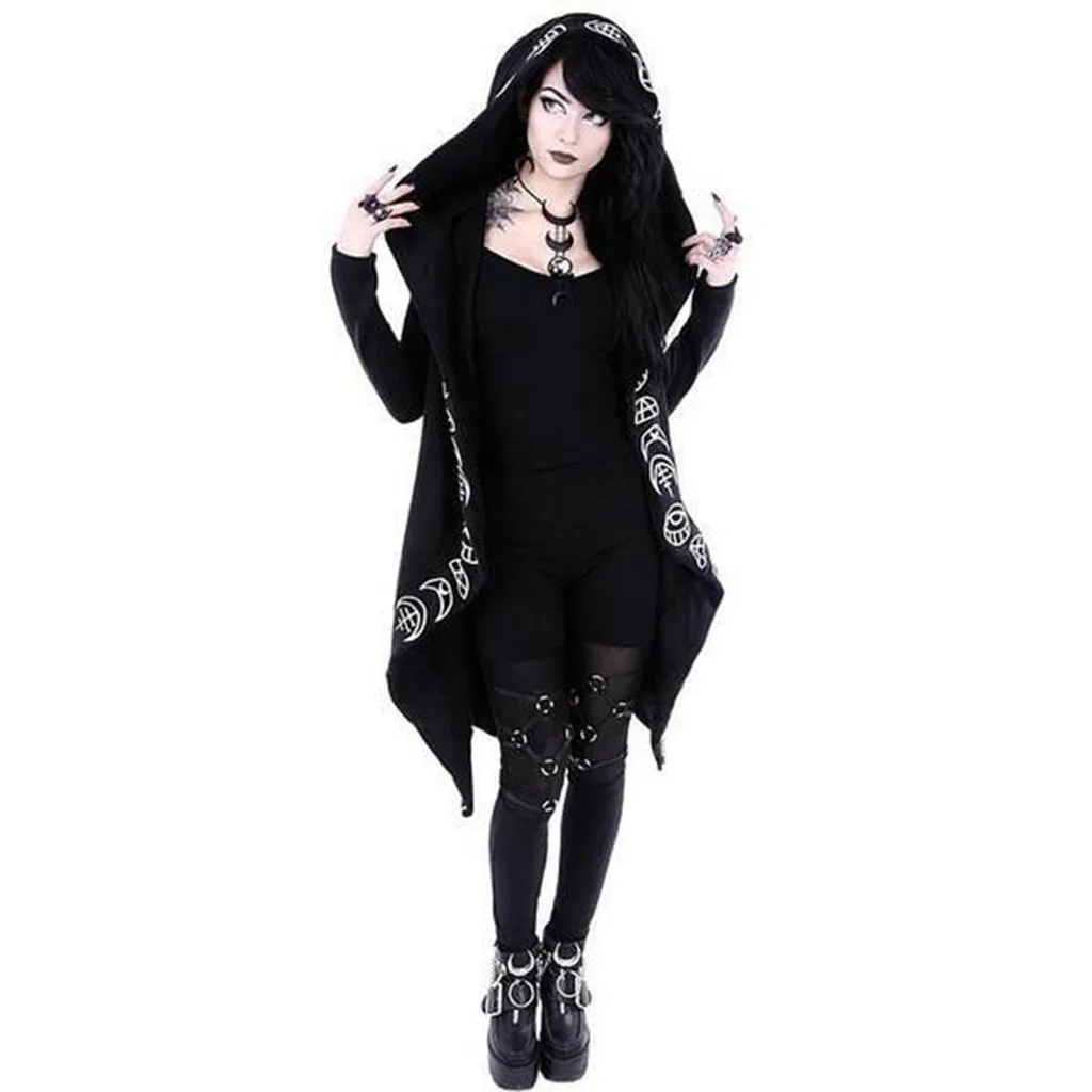 Female Jacket Hot print cardigan Black Long Sleeve Punk Moon Print Hooded Cardigan Coat Plus Size for Women cosplay 9.3 | Женская одежда