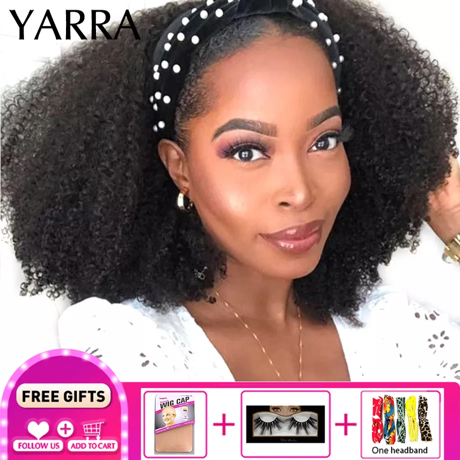 

Афро курчавые парик с головной повязкой человеческие волосы без клея, бразильские волосы Реми, Афро Курчавые Кудрявые повязки на голову ман...