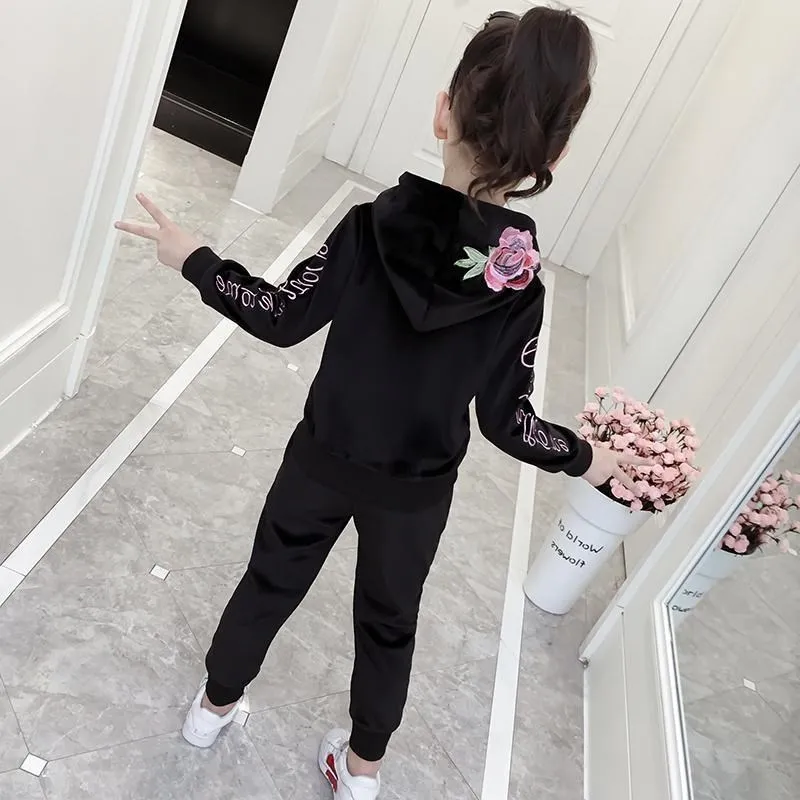 Новый Бархатный комплект одежды с капюшоном для девочек вышивкой Детская куртка