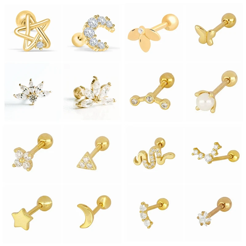 

BOAKO Real Silver 925 Earrings 2021 Trend Aretes For Women 1Pc Star Moon Snake Pearl Stud Earrings Piercing Fine Jewelry