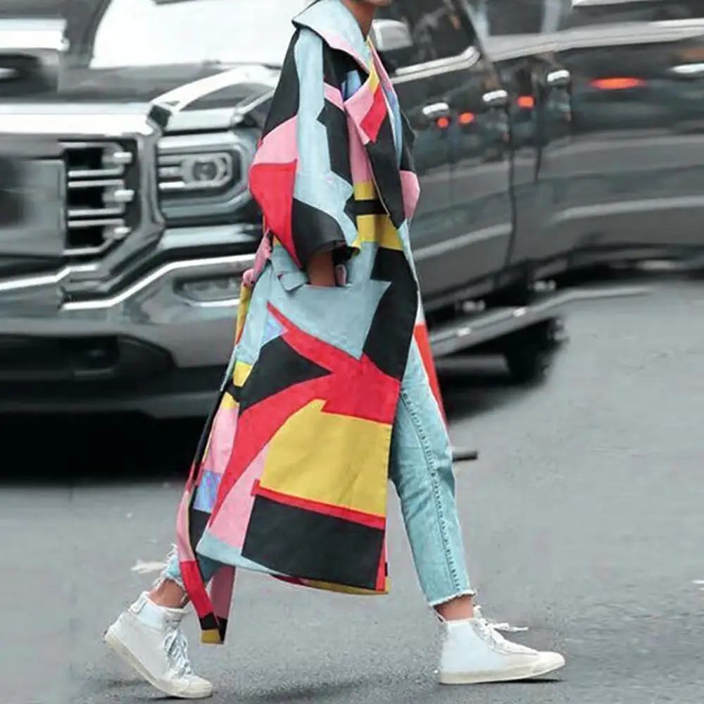 Модный женский зимний Тренч пальто с отворотом принтом длинным рукавом