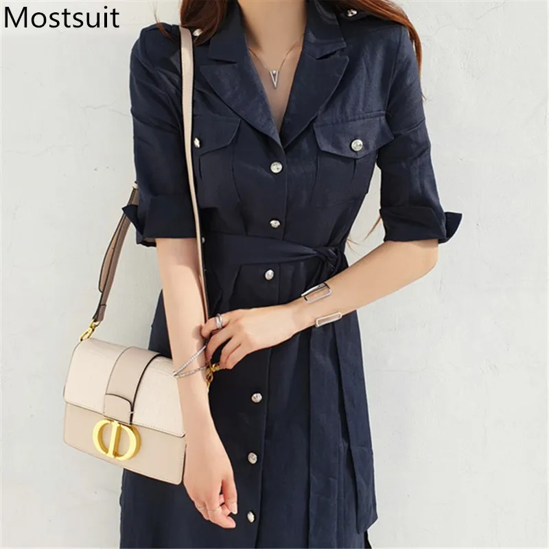 

Женское офисное платье с отложным воротником, длинное однобортное платье с коротким рукавом и поясом, элегантное модное платье в Корейском ...