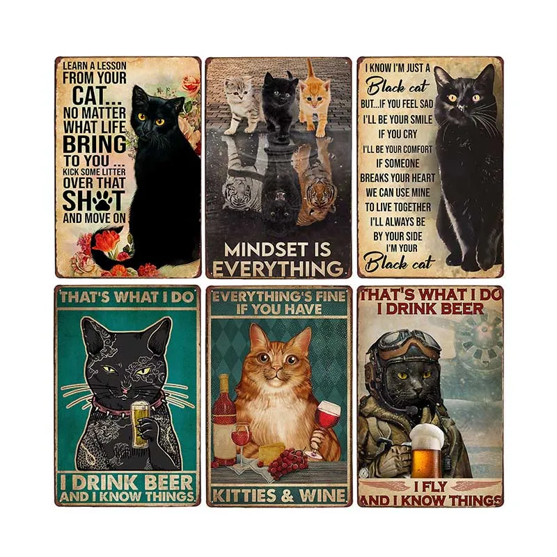 

Мультяшный питомец Черный кот металлические художественные Плакаты Декор Дом комната настенная тарелка кафе бар клуб таблички домашний де...