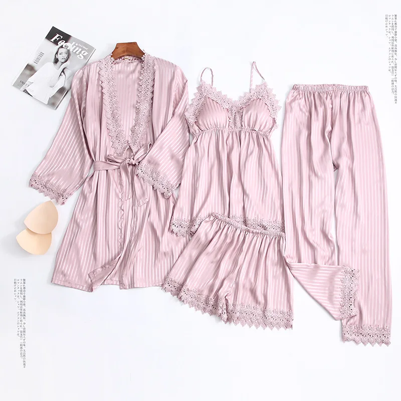 

Women Pajamas Sets Ladies Sexy Satin Lace Sleepwear Silk 4 Pieces Robe Gown Nightdress Pyjama Lounge Sets Pijama Sets Homewear