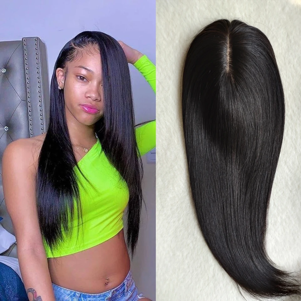 Silk Base Women Toupee Top Hair Pieces Straight Remy Natural Human Hair Topper Wigs 12*14cm 130% Density Black Color Toupee 2021
