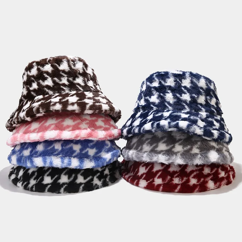

New Winter Fisherman Hat Japan and South Korea Simple Warm Houndstooth Rabbit Fur Basin Hat Outdoor Thick Unisex Bucket Hat