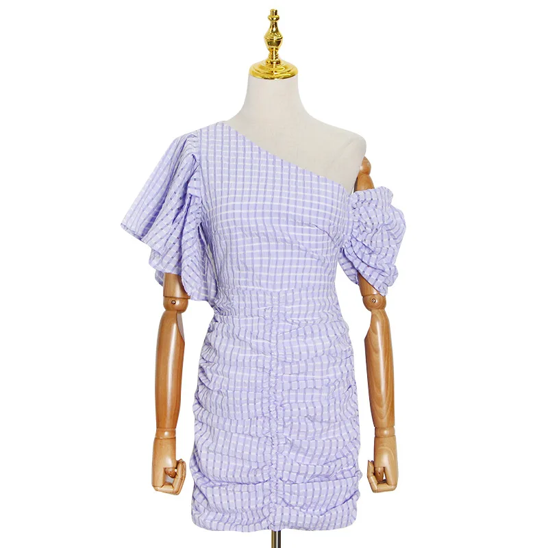 

Summer new women's fashion shoulder ruffled plaid pleated bevel dress summer
