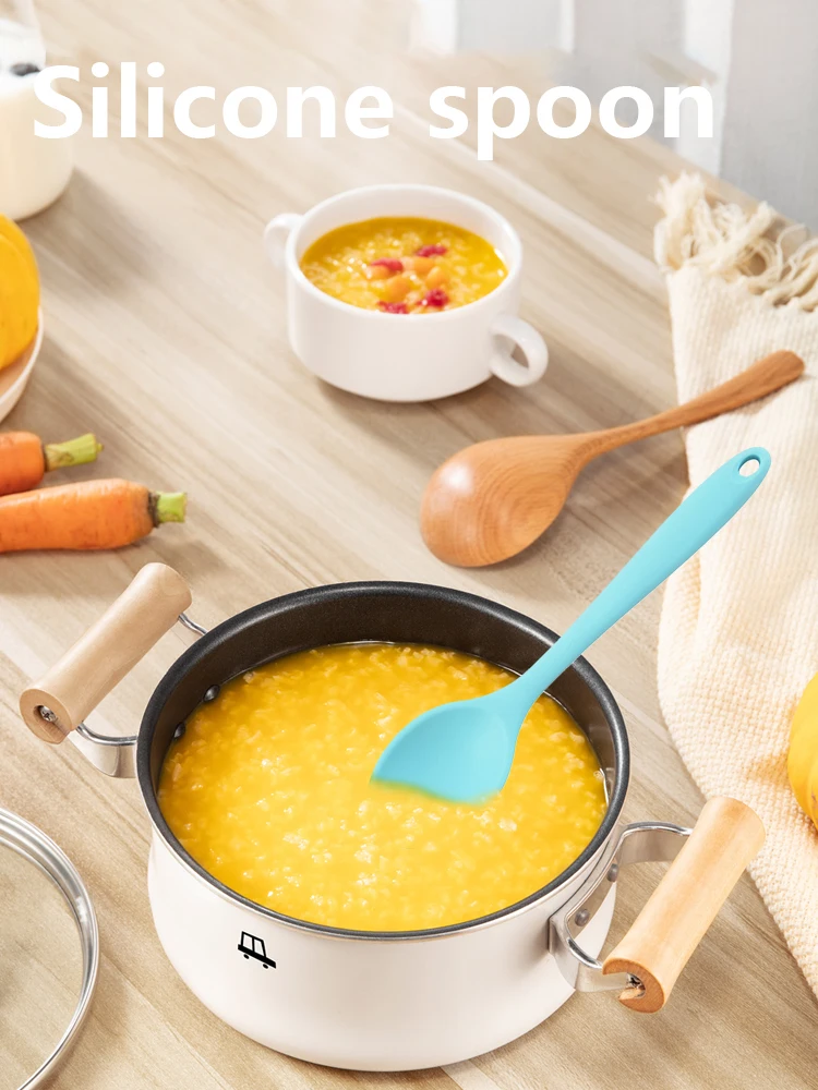 

4 Color Soup Spoon Food Grade Silicone Long Handled Soup Spoon Kids Spoon Kitchen Silicone Spoon Flatware Utensils Accessories