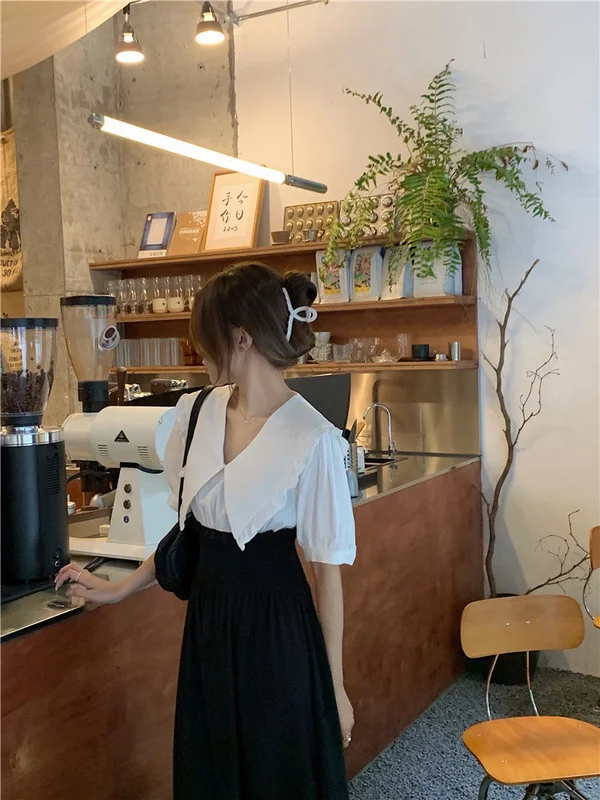 

Real Shot Cost-Effective Slimming Peter Pan Collar Short Sleeve Fake Two Pieces