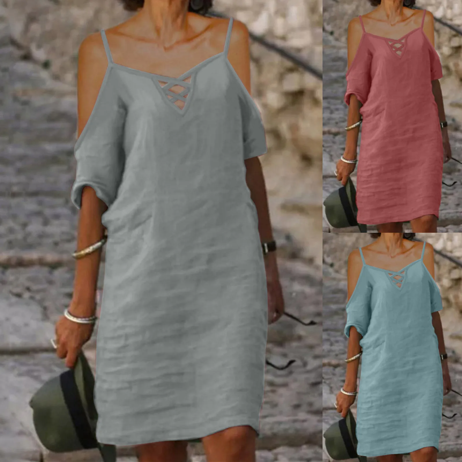 

Платье женское хлопковое с открытой спиной, свободное ажурное уличное модное мини-платье на бретелях-спагетти, с открытыми плечами