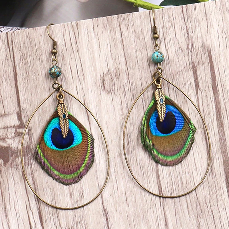M & G большие серьги с павлиньими натуральными перьями для женщин этнические
