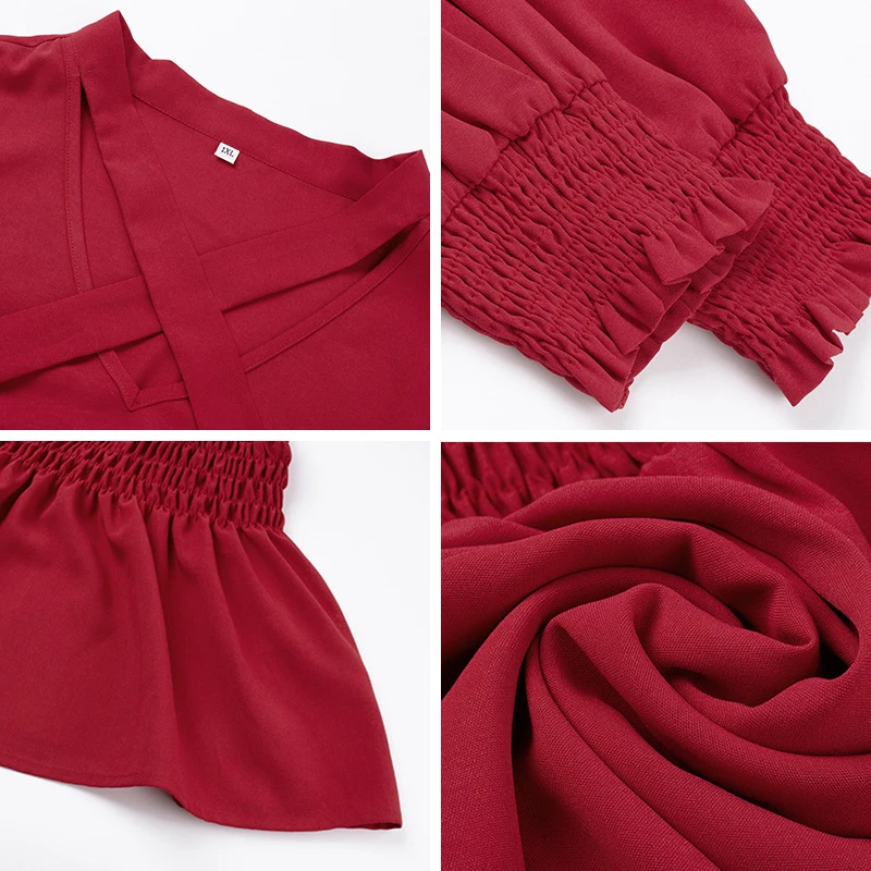 

Spring Summer Plus Size Solid Office Lady Top Women Full Sleeve Bow Elastic Waist Shirt Top 2020 New