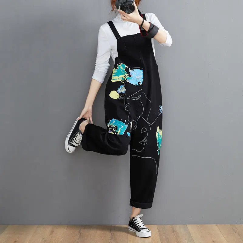 

Strap Pants Women's Print Art Denim Large Size Fat Mm Loose Slim 2021 Spring New Wide Leg Jumpsuit