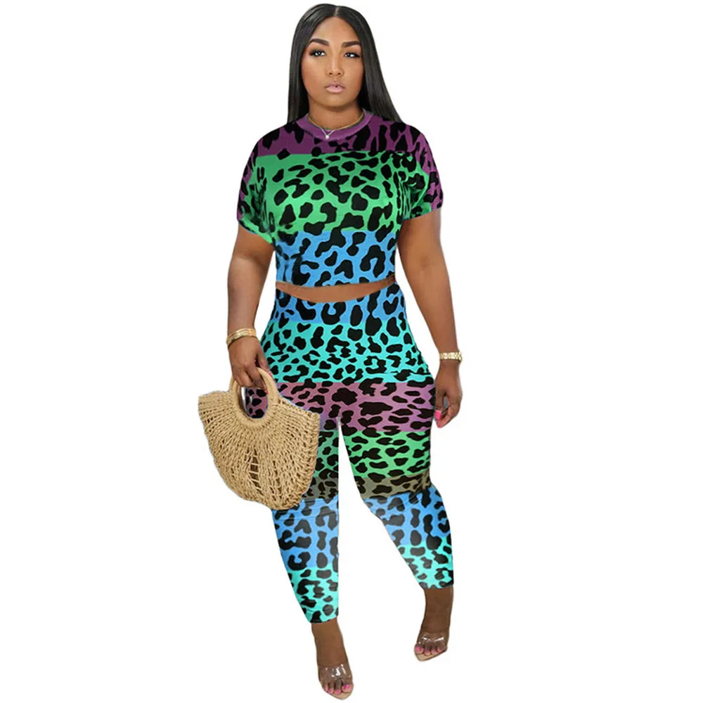 

Colorful Leopard Print Sexy Two Piece Outfit for Women Short Sleeve Bandage Crop Top and Sporty Jogger Legging Streetwear Suits