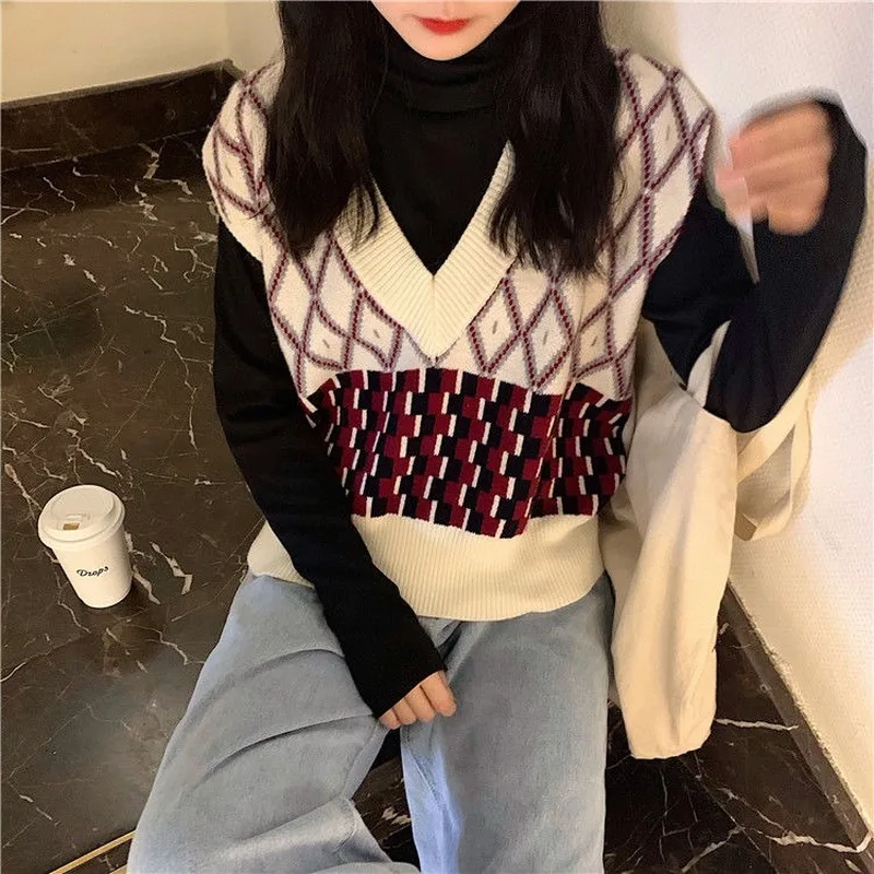 

Knitted Sweater Vest Women Vintage Panelled Argyle Loose V-neck Students Simple All-match Baggy Causal Street-wear Chic Harajuku