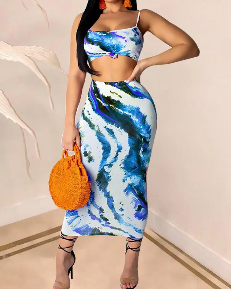 

2PCS Womens Tie Dye Knotted Crop Top & Sllinky Skirt Set Ladies Sundress Crop Top Skirt Sets 3 Colors