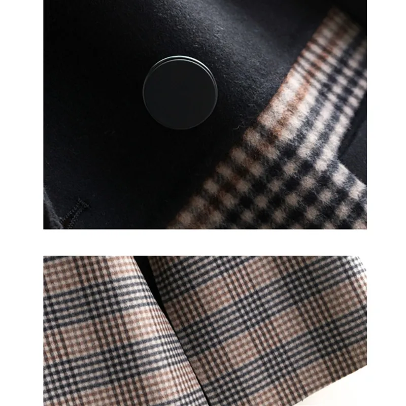 

High-end Women Double-sided Wool Coat Fashion Autumn Winter Stitching Plaid 100% Wool Long Overcoat Elegant Female Slim Jacket