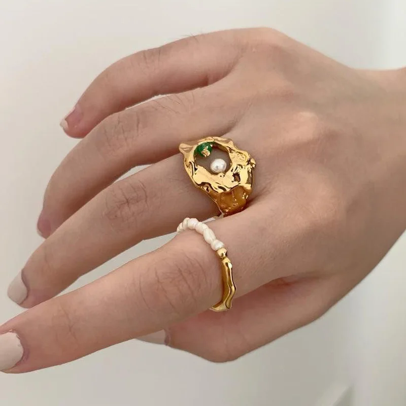 

Minar Punk Hip Hop Irregular Geometric Chunky Rings for Women Gold Metal Natural Freshwater Pearl Open Adjusting Ring Jewelry
