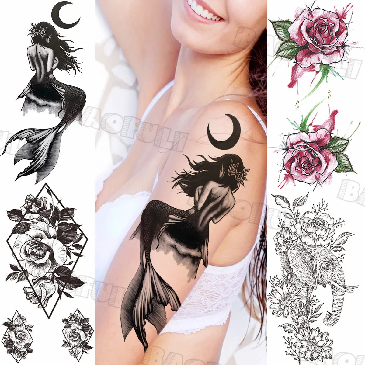 Реалистичные Временные татуировки русалки для женщин девушек геометрия роза