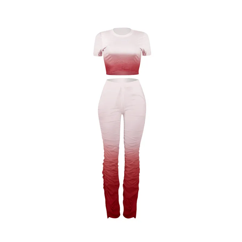 

Women Two pieces Fitness Casual Tracksuits Gradient color Short Sleeve Slim T-shirts Top+High Waist Ruched Pants Stretch Clothes