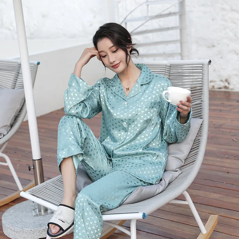 

Spring New Sleepwear Women Satin Pajamas Soft Nightwear 2PCS Shirt&Pants Casual Jacquard Love Pyjamas Home Clothes Lingerie