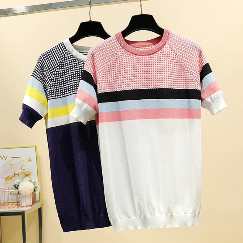 

2021 Summer Short Sleeve Korean Sweater Knitted Pullover Women Sweaters Tops All-Match Basic Thin Pull Femme Jumper Female Pink