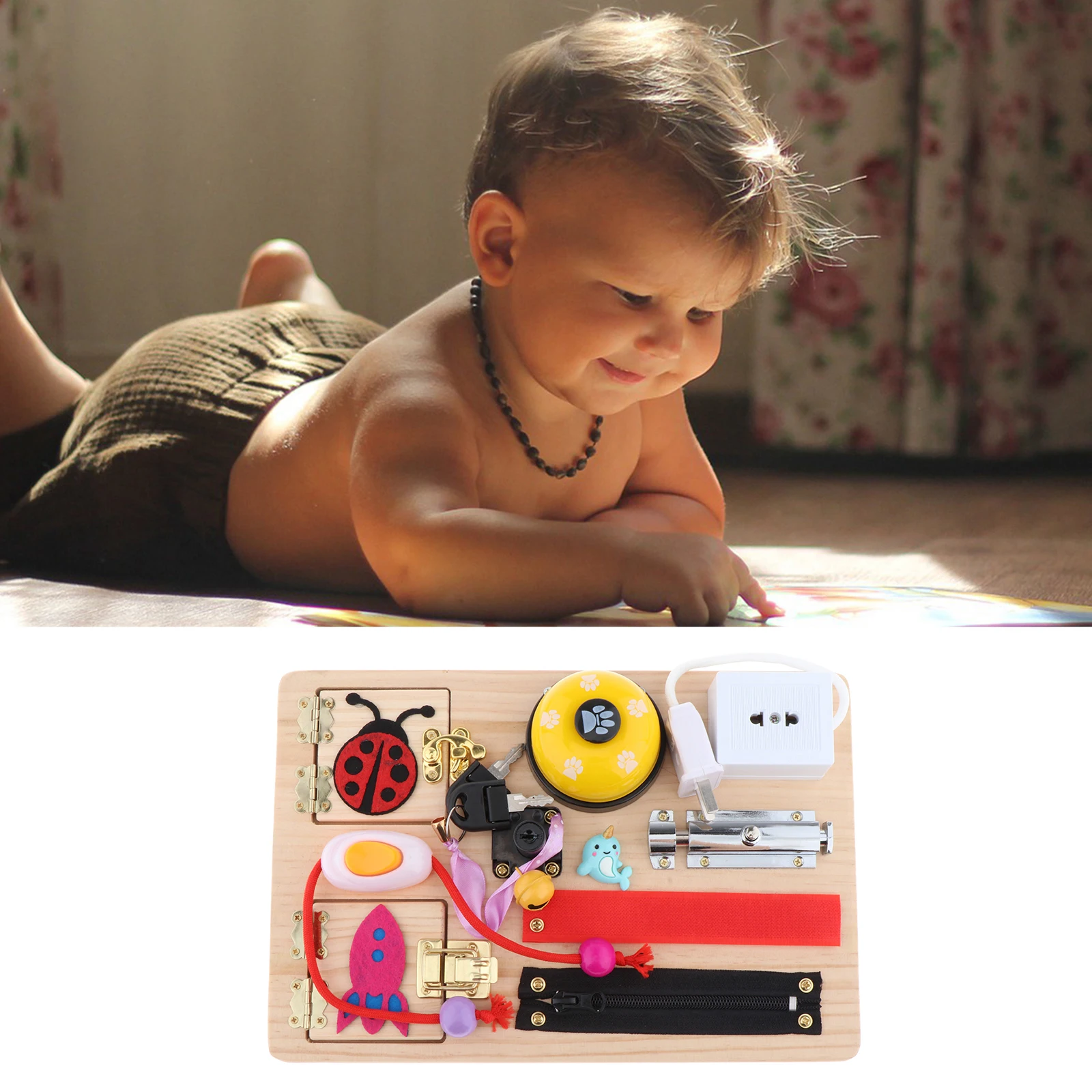 

Baby Wood Busy Board Bolts and Latch Metal Buckle Life Basic Skills Learning Speed Needs Travel Airplane Activity Toy