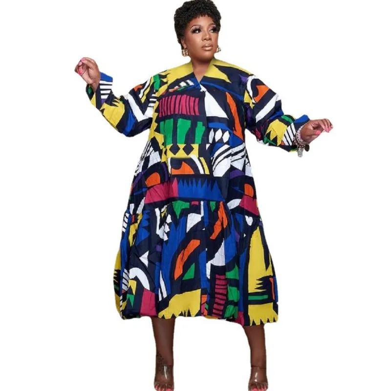

5XL Plus Size Dress Women V Neck Full Sleeve Ruffle Patchwork Gown Autumn Fashion Print Loose Casual Streetwear Long Dress 2021