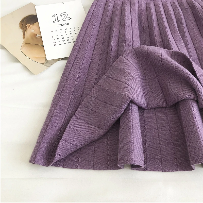 

Autumn Candy Color Purple A-line Pleated Short Knit Skirts