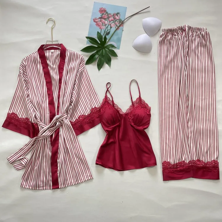 

Stripe 3PCS Pajamas Women Nightwear Kimono Robe Gown Satin Pyjamas Pour Femme Spring New Home Suit Female Rayon Loungewear