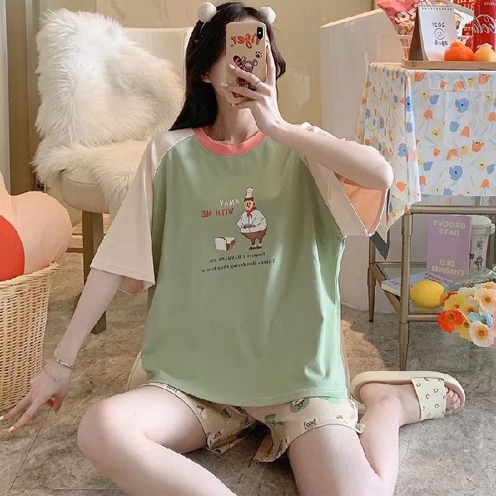 

Зеленые шорты с мультяшным принтом, 2 шт., женские летние новые шорты с рукавом 3/4, домашняя одежда, повседневная свободная одежда для сна