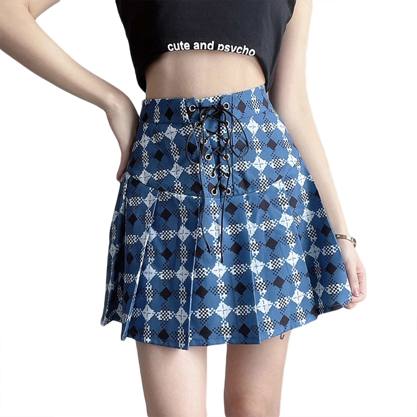 

Women's Pleated Mini Skirt, Fashion High Waist Argyle Print Lace-Up A-Line Short Skirt