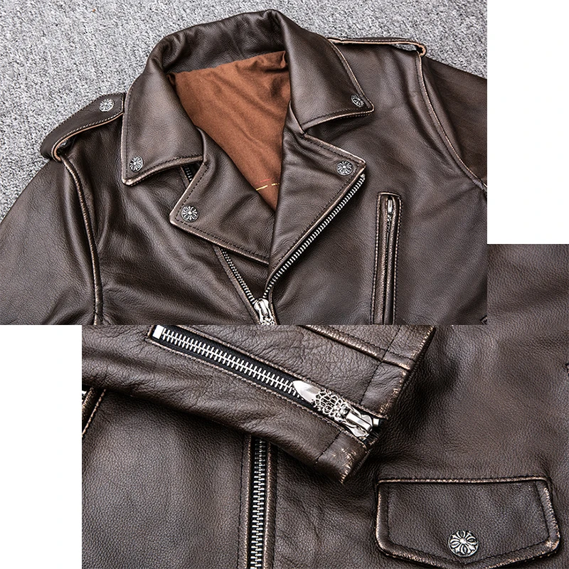 Мужская винтажная байкерская куртка из воловьей кожи с отложным воротником
