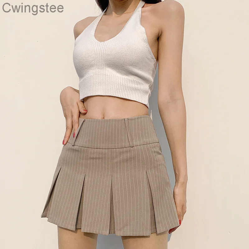 

Женская плиссированная мини-юбка цвета хаки, повседневные шорты в полоску с высокой талией в стиле преппи, лето 2021