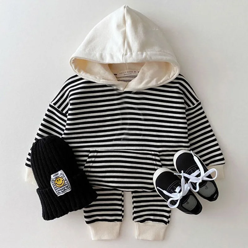 

Young Children Girl Stripe Sweatshirts Hoodies Suits Toddler Pullover Top Sweatpants 2Pcs Infant Boy Clothes Baby Sets Unisex