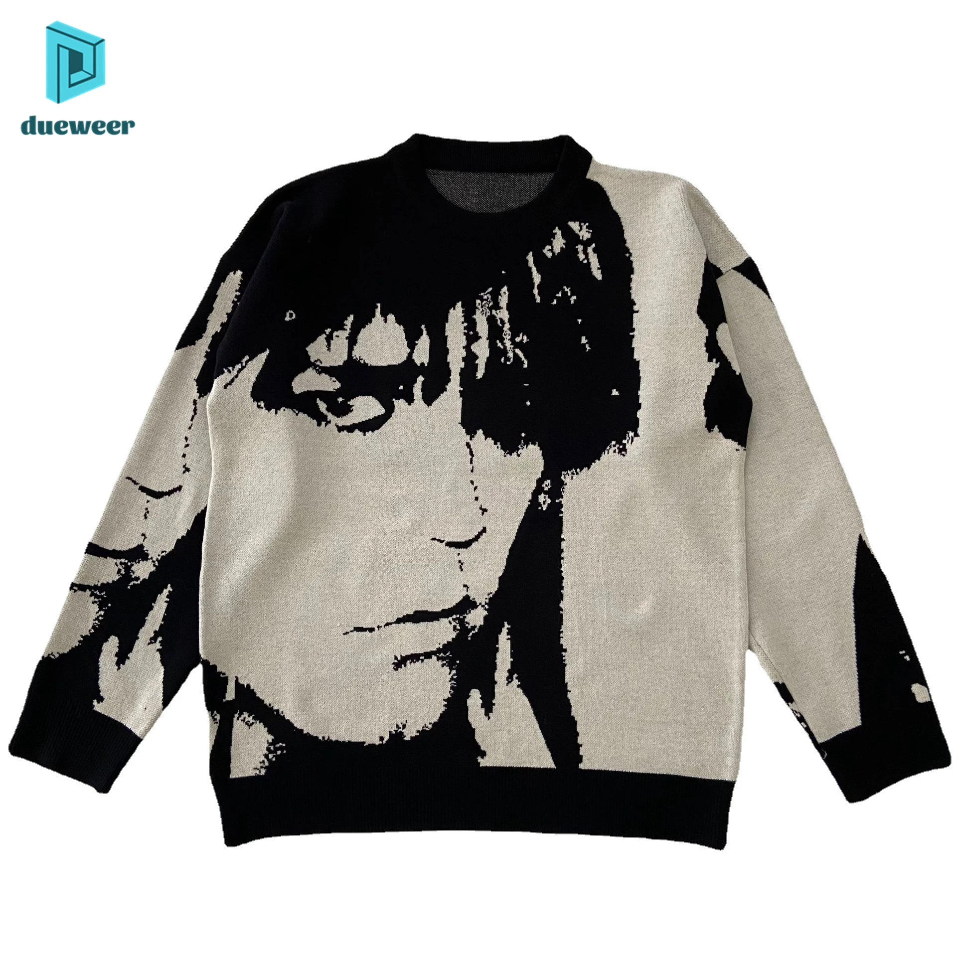 DUEWEER Harajuku Handsome Pullover Sweaters Oversized Japanese Anime Cartoon Men Women Print Long Sleeve Knitted Sweater Tops