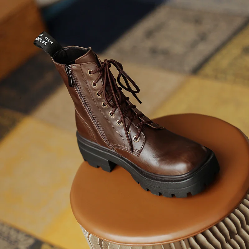 Jual Sepatu Bot Martin Kulit Sapi Asli Sepatu Bot Pergelangan Kaki Platform Sepatu Bot Pergelangan Kaki Datar Ujung Persegi Berenda Gaya Inggris